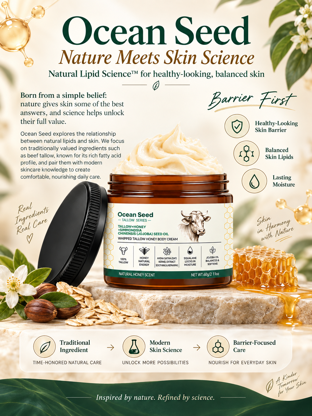 Whipped Tallow Body Cream with Honey & Jojoba Oil, Natural Honey Scent Moisturizing Body Butter for Dry Skin
