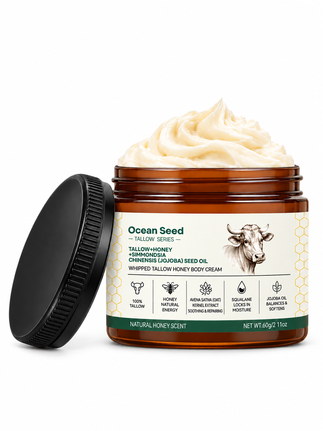 Whipped Tallow Body Cream with Honey & Jojoba Oil, Natural Honey Scent Moisturizing Body Butter for Dry Skin