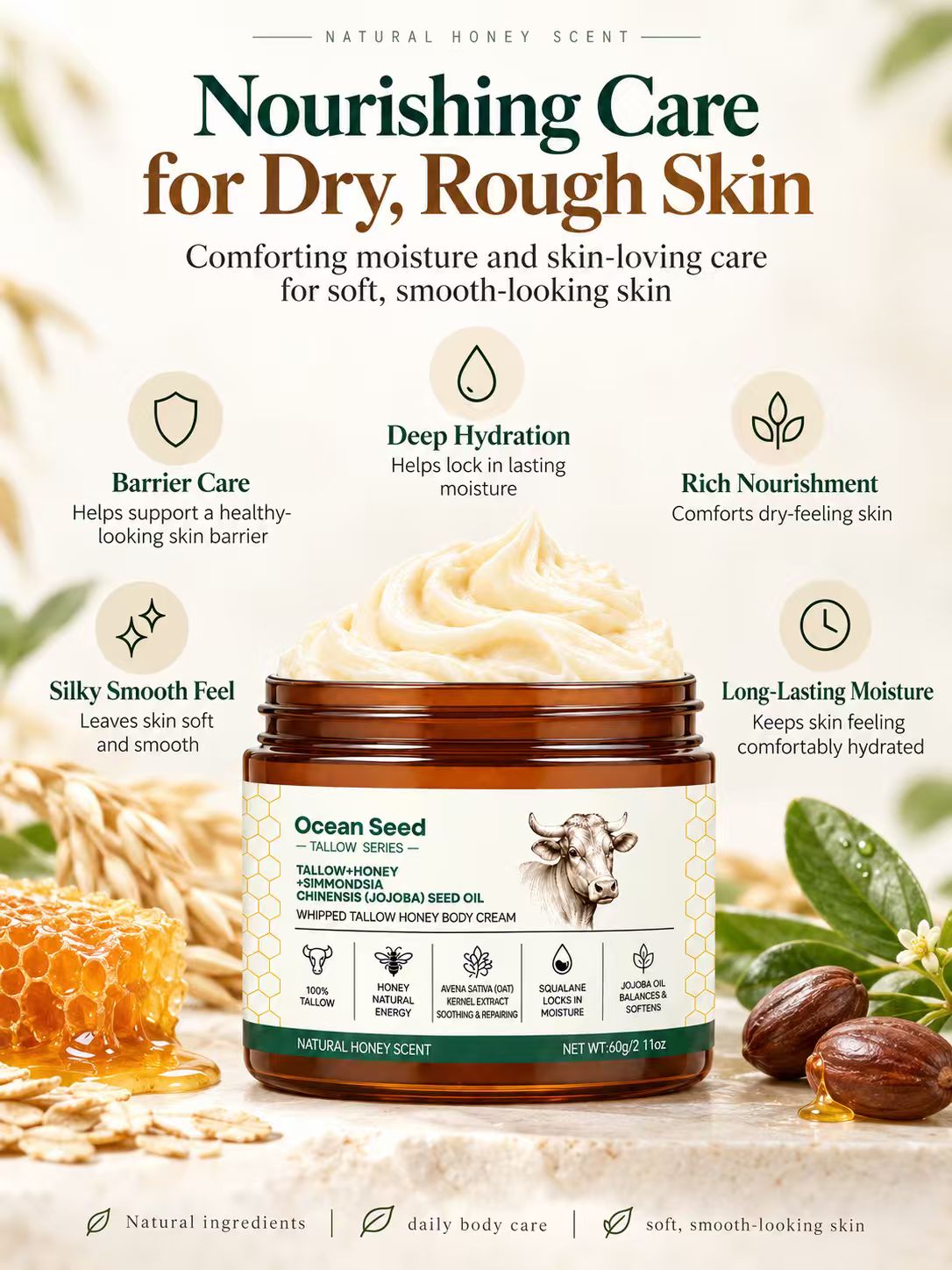 Whipped Tallow Body Cream with Honey & Jojoba Oil, Natural Honey Scent Moisturizing Body Butter for Dry Skin