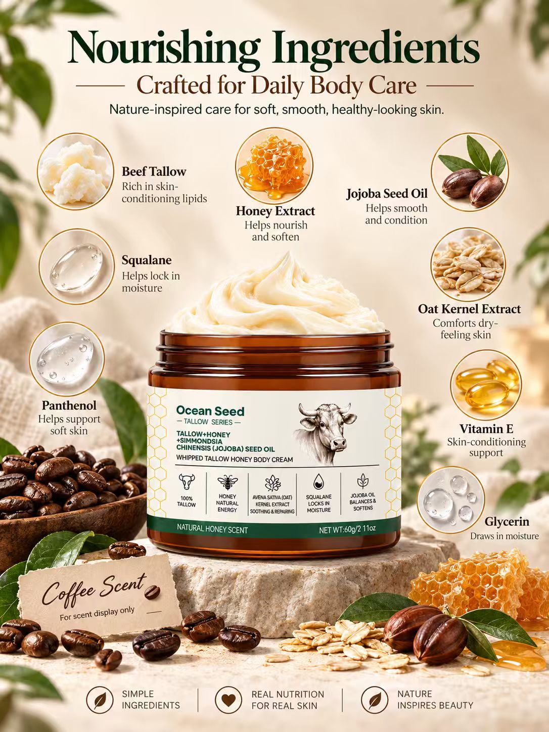 Whipped Tallow Body Cream with Honey & Jojoba Oil, Natural Honey Scent Moisturizing Body Butter for Dry Skin