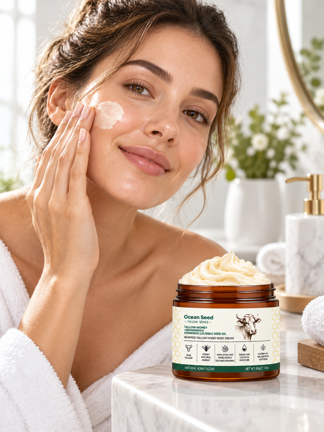 Whipped Tallow Body Cream with Honey & Jojoba Oil, Natural Honey Scent Moisturizing Body Butter for Dry Skin