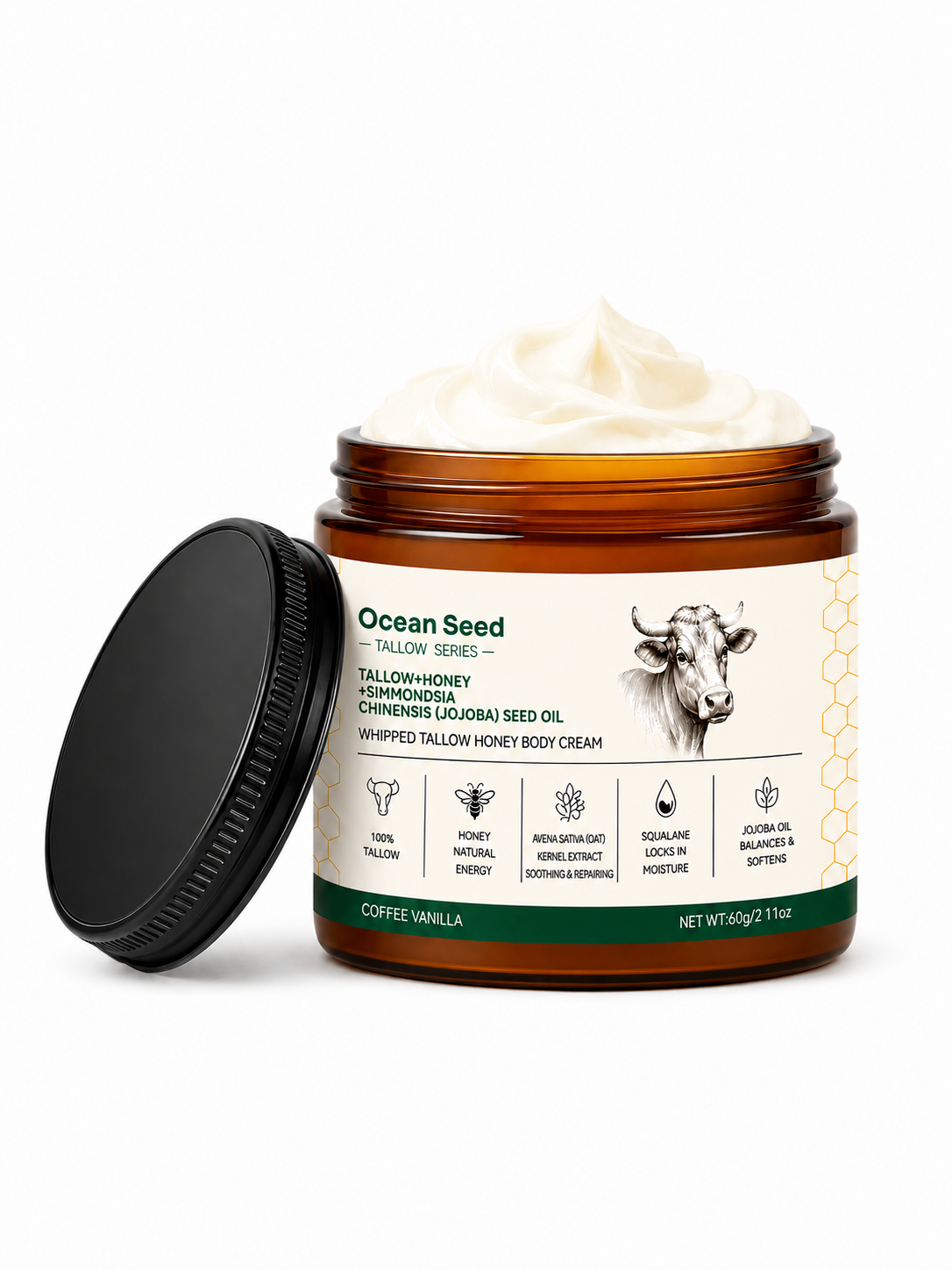Beef Tallow Body Cream for Dry Skin, Whipped & Hydrating Body Butter with Honey, Squalane & Jojoba Oil, Nourishing Moisturizer for Men & Women, Coffee Vanilla