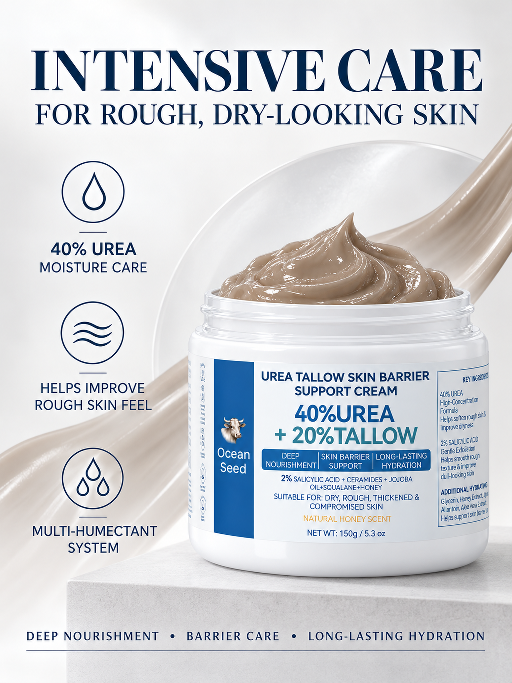 Ocean Seed Urea Tallow Skin Barrier Support Cream 40% Urea 20% Tallow for Dry Rough Thickened Skin 150g