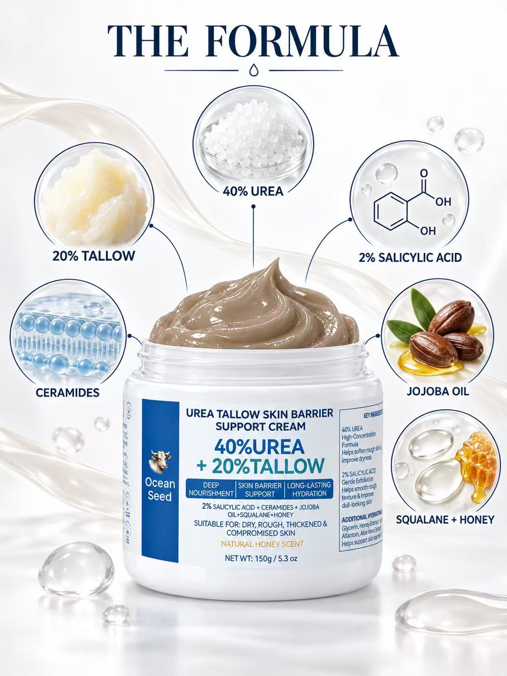Ocean Seed Urea Tallow Skin Barrier Support Cream 40% Urea 20% Tallow for Dry Rough Thickened Skin 150g