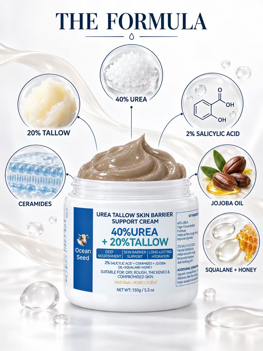 Ocean Seed Urea Tallow Skin Barrier Support Cream 40% Urea 20% Tallow for Dry Rough Thickened Skin 150g