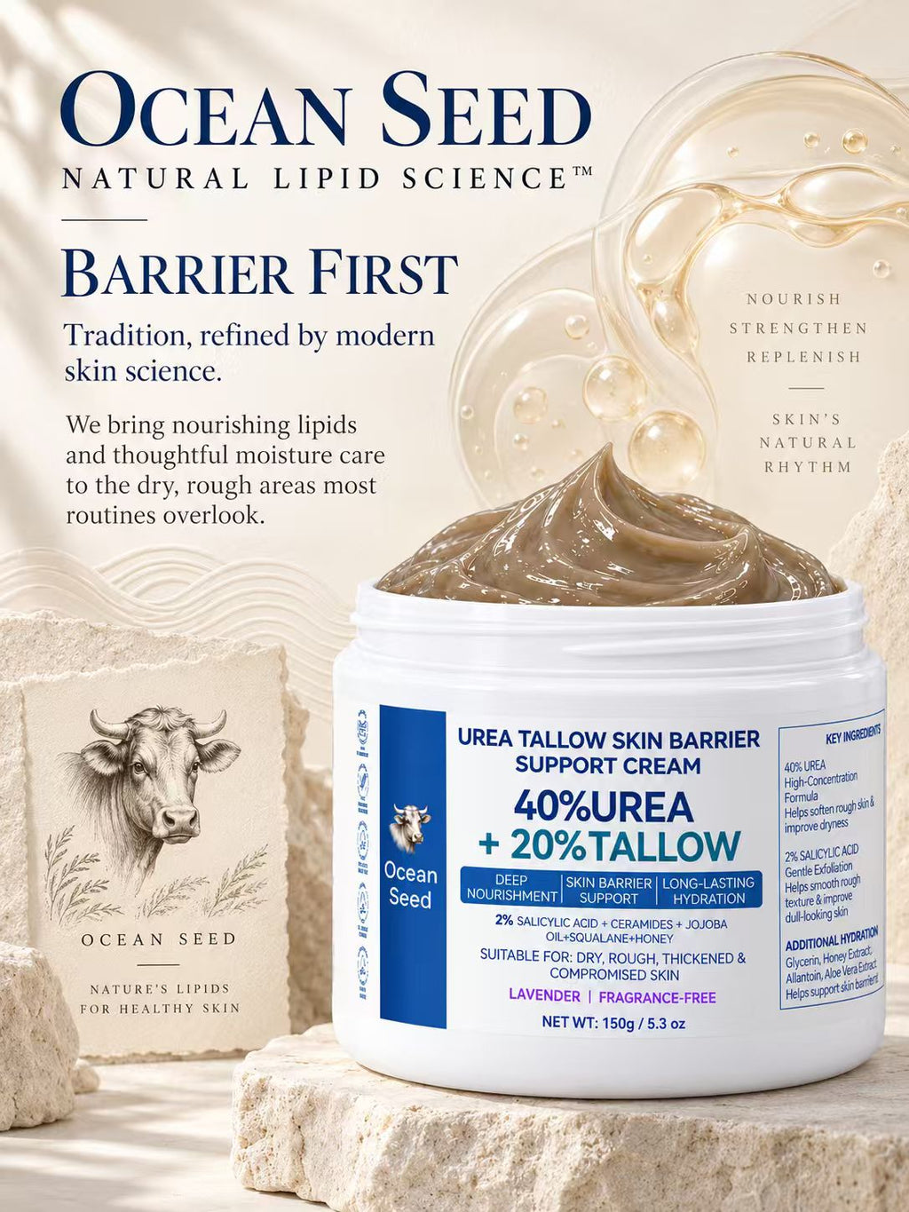 Ocean Seed 40% Urea + 20% Tallow Cream, Skin Barrier Support Moisturizer with Salicylic Acid, Ceramides, Jojoba Oil & Squalane, for Dry Rough Skin, 150g