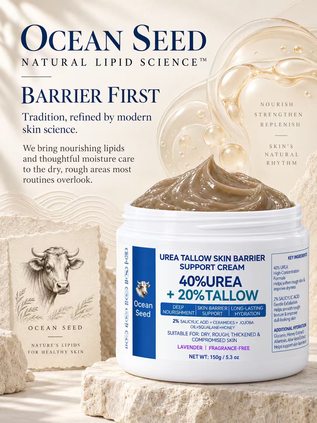 Ocean Seed 40% Urea + 20% Tallow Cream, Skin Barrier Support Moisturizer with Salicylic Acid, Ceramides, Jojoba Oil & Squalane, for Dry Rough Skin, 150g
