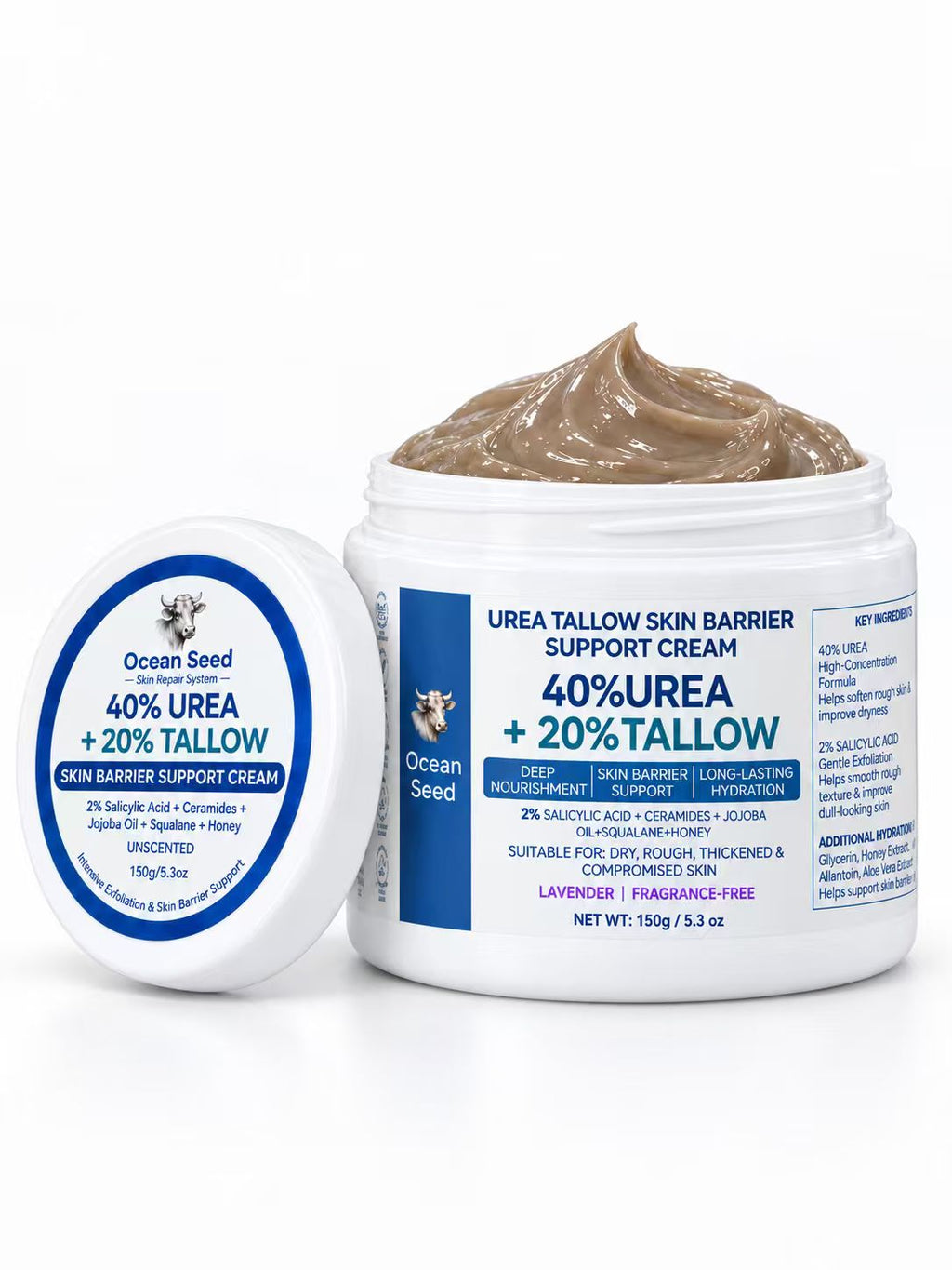 Ocean Seed 40% Urea + 20% Tallow Cream, Skin Barrier Support Moisturizer with Salicylic Acid, Ceramides, Jojoba Oil & Squalane, for Dry Rough Skin, 150g