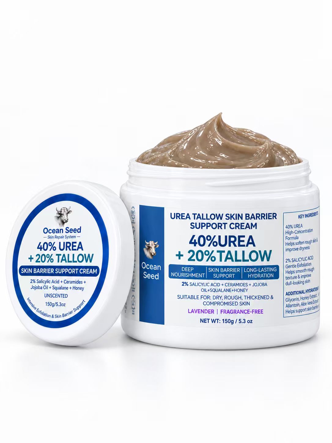 Ocean Seed 40% Urea + 20% Tallow Cream, Skin Barrier Support Moisturizer with Salicylic Acid, Ceramides, Jojoba Oil & Squalane, for Dry Rough Skin, 150g