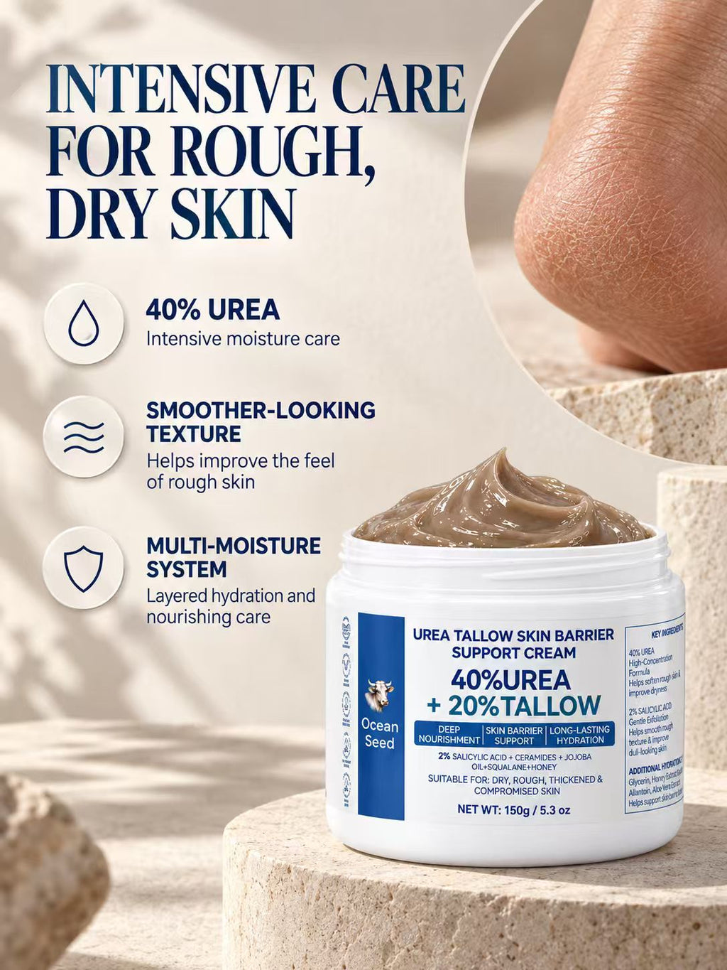 Ocean Seed 40% Urea + 20% Tallow Cream, Skin Barrier Support Moisturizer with Salicylic Acid, Ceramides, Jojoba Oil & Squalane, for Dry Rough Skin, 150g