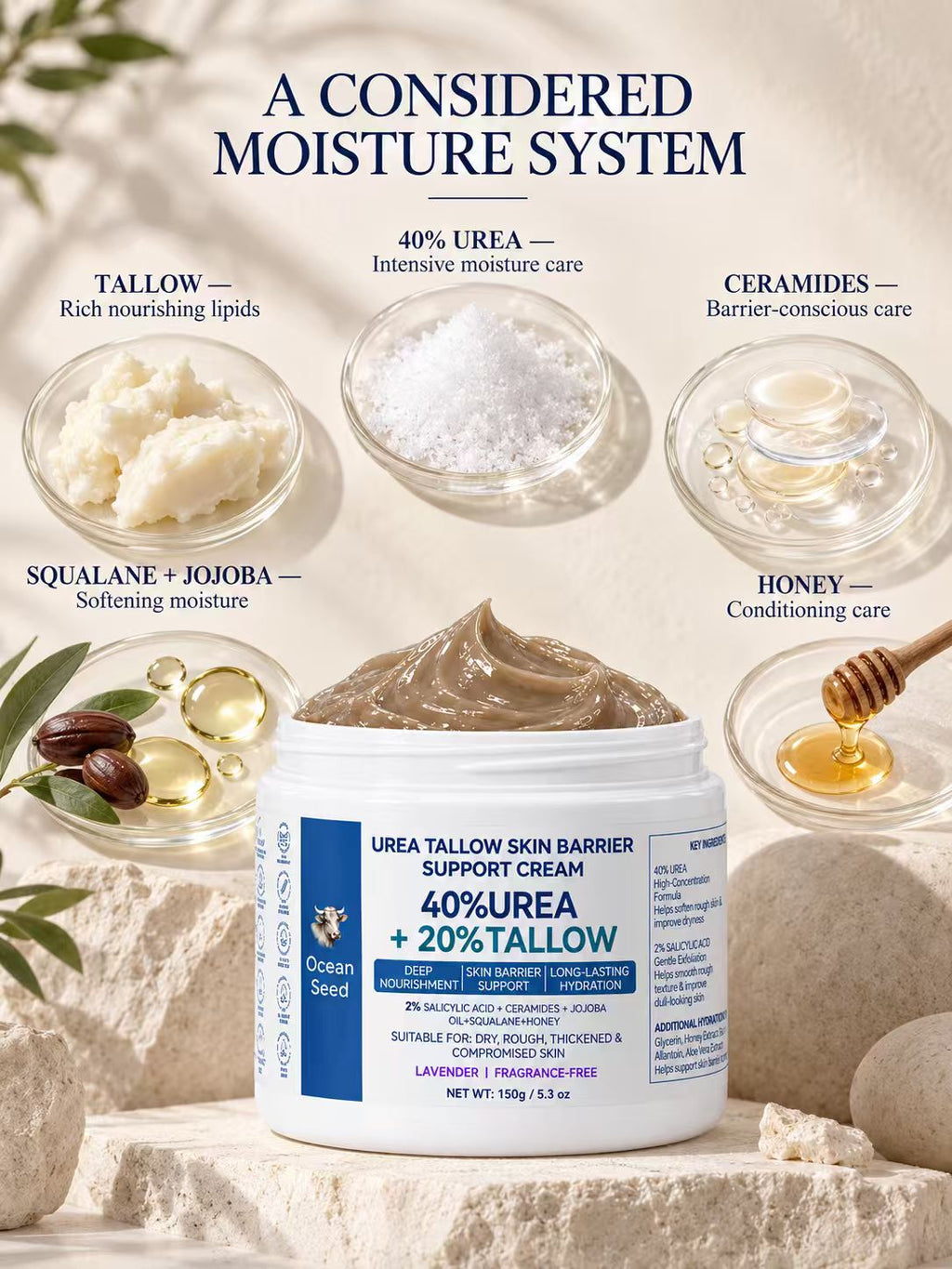 Ocean Seed 40% Urea + 20% Tallow Cream, Skin Barrier Support Moisturizer with Salicylic Acid, Ceramides, Jojoba Oil & Squalane, for Dry Rough Skin, 150g