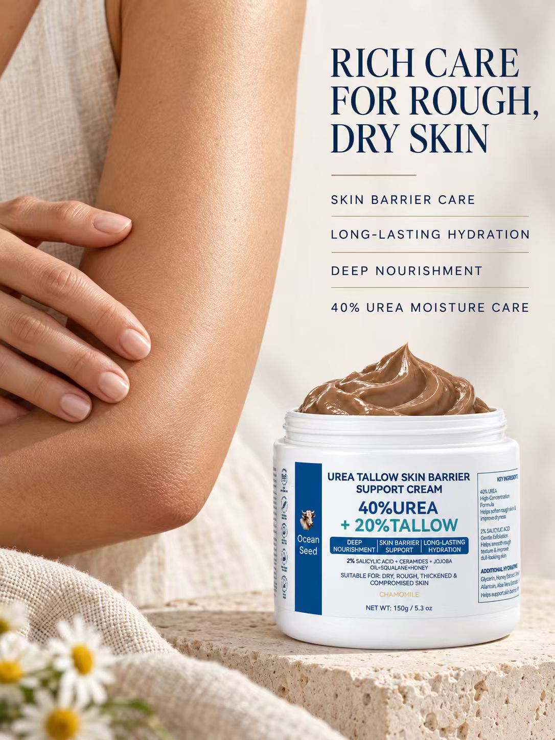 Ocean Seed 40% Urea Cream with 20% Tallow & 2% Salicylic Acid, Foot Cream for Dry Cracked Heels, Rough Skin & Callus, Moisturizing Skin Barrier Repair Balm for Hands Body, 5.3oz