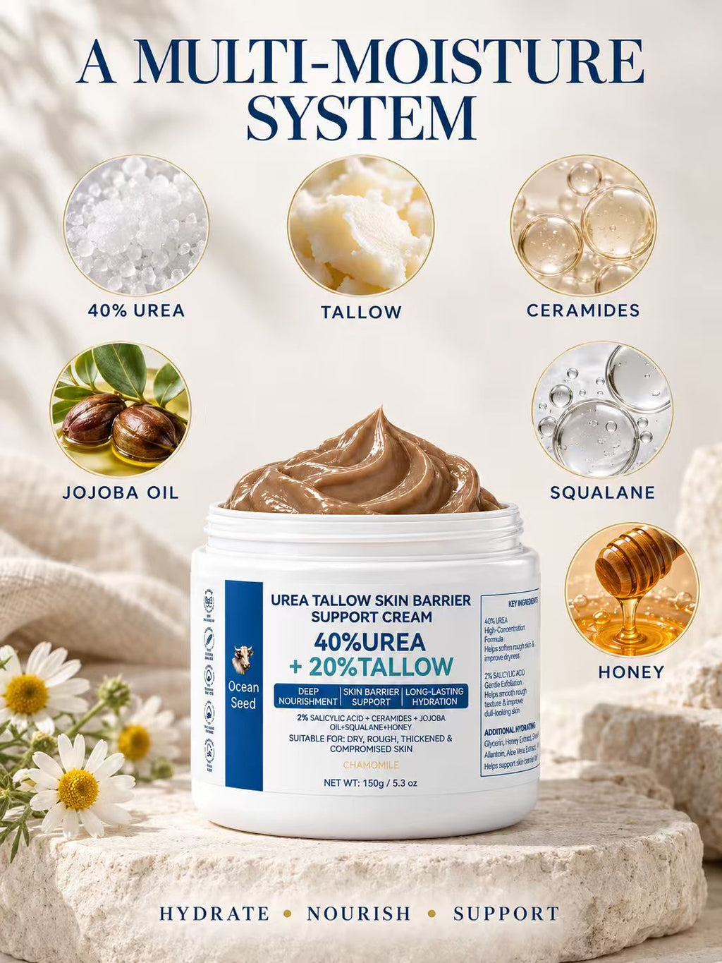 Ocean Seed 40% Urea Cream with 20% Tallow & 2% Salicylic Acid, Foot Cream for Dry Cracked Heels, Rough Skin & Callus, Moisturizing Skin Barrier Repair Balm for Hands Body, 5.3oz
