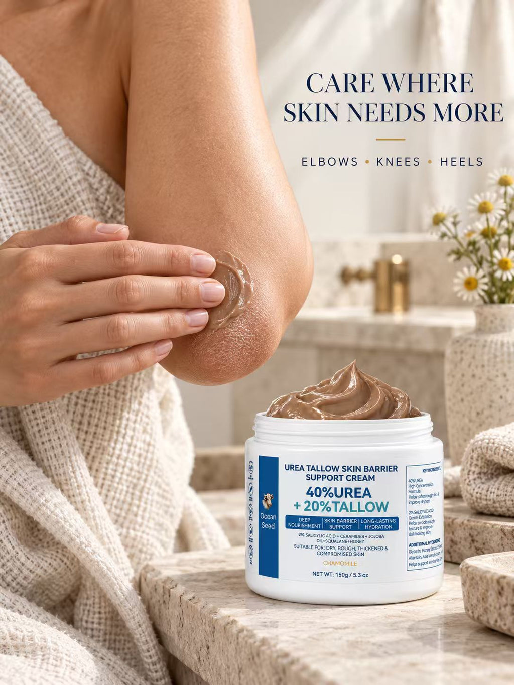 Ocean Seed 40% Urea Cream with 20% Tallow & 2% Salicylic Acid, Foot Cream for Dry Cracked Heels, Rough Skin & Callus, Moisturizing Skin Barrier Repair Balm for Hands Body, 5.3oz