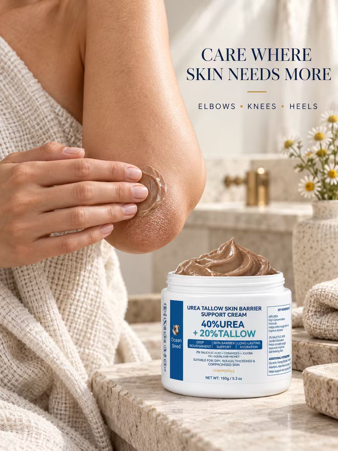 Ocean Seed 40% Urea Cream with 20% Tallow & 2% Salicylic Acid, Foot Cream for Dry Cracked Heels, Rough Skin & Callus, Moisturizing Skin Barrier Repair Balm for Hands Body, 5.3oz