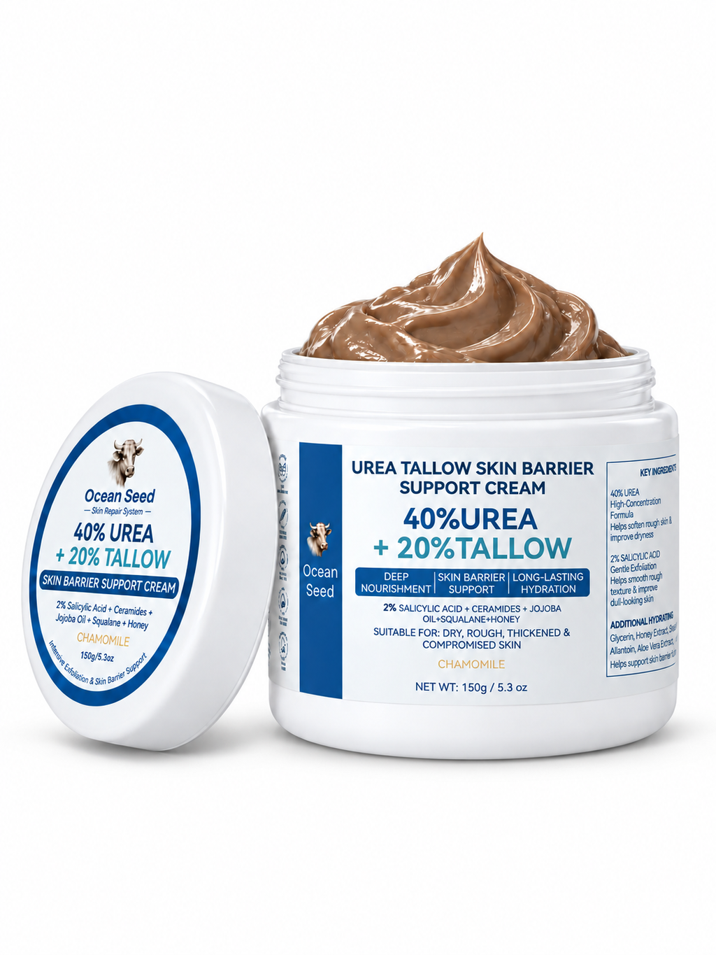 Ocean Seed 40% Urea Cream with 20% Tallow & 2% Salicylic Acid, Foot Cream for Dry Cracked Heels, Rough Skin & Callus, Moisturizing Skin Barrier Repair Balm for Hands Body, 5.3oz