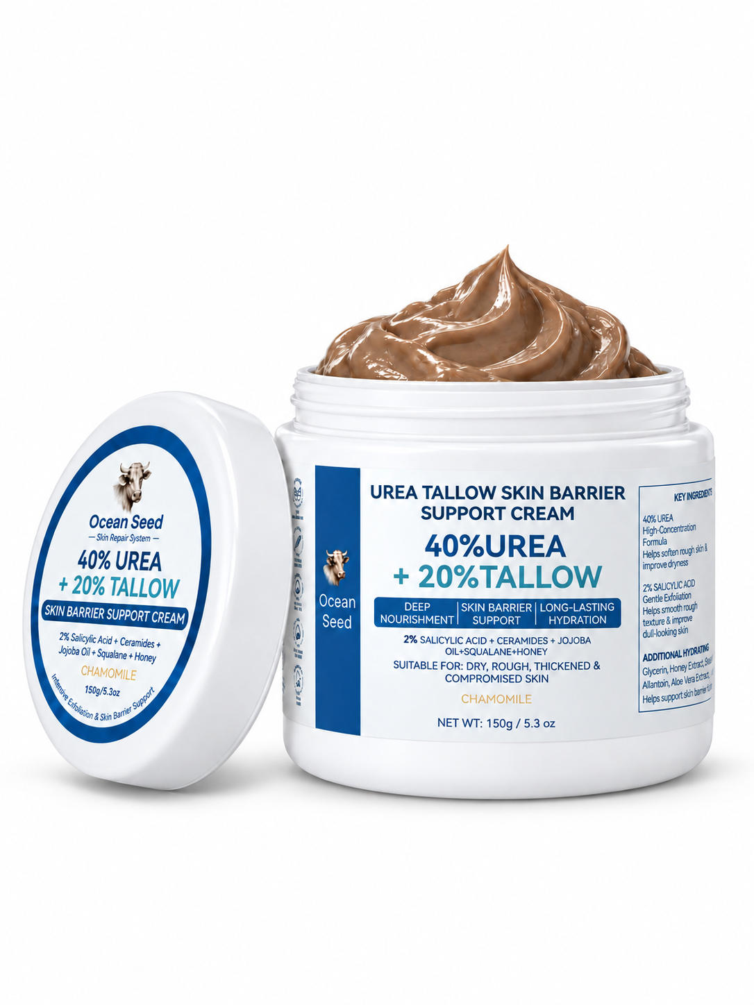 Ocean Seed 40% Urea Cream with 20% Tallow & 2% Salicylic Acid, Foot Cream for Dry Cracked Heels, Rough Skin & Callus, Moisturizing Skin Barrier Repair Balm for Hands Body, 5.3oz