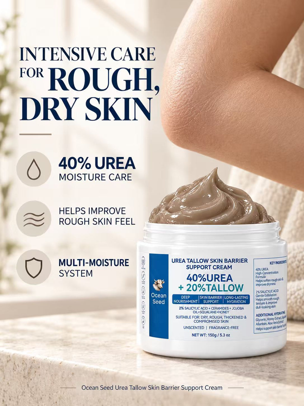 Ocean Seed 40% Urea + 20% Tallow Body Cream | Skin Barrier Repair Moisturizer for Dry Rough Skin