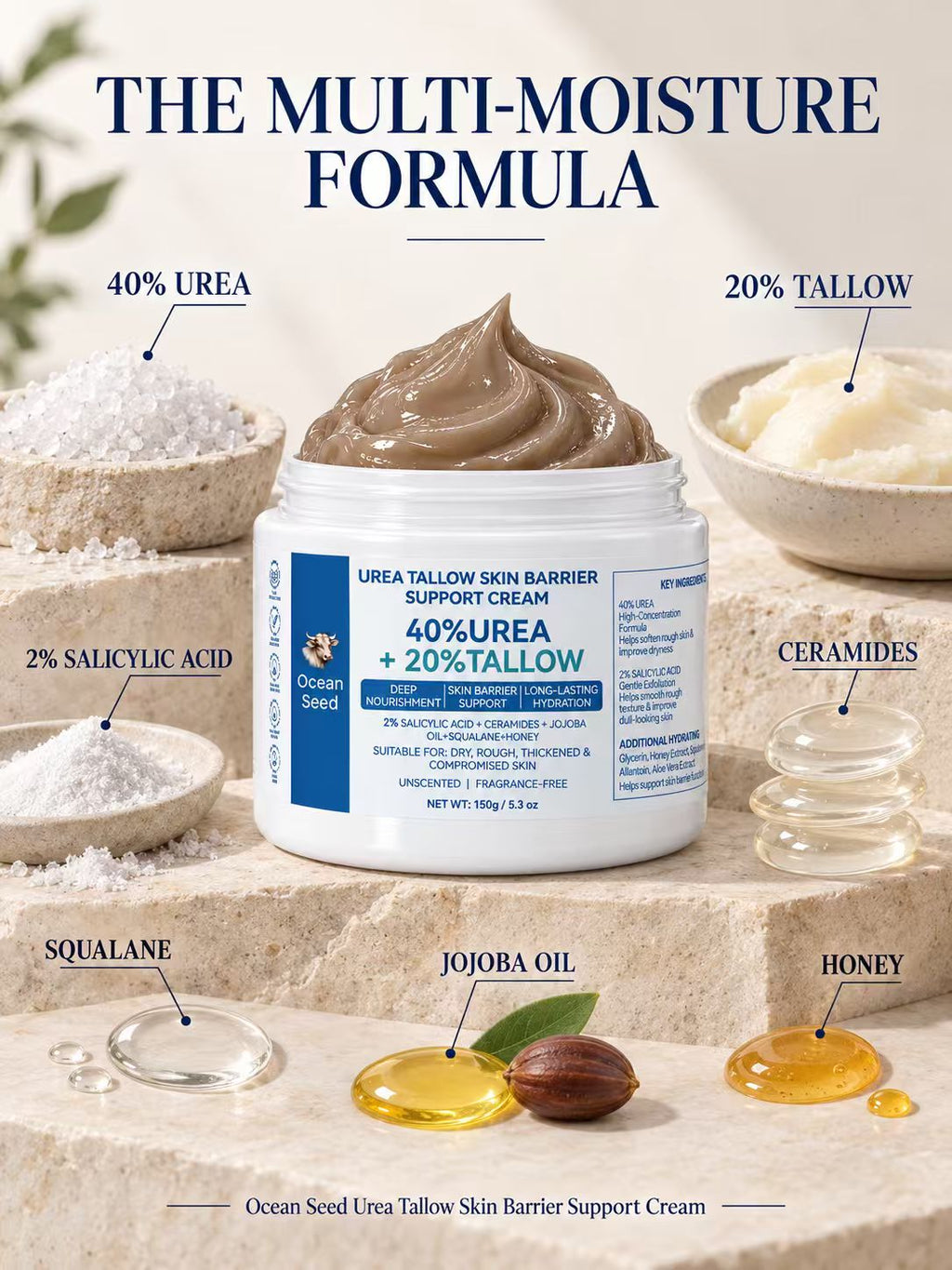 Ocean Seed 40% Urea + 20% Tallow Body Cream | Skin Barrier Repair Moisturizer for Dry Rough Skin