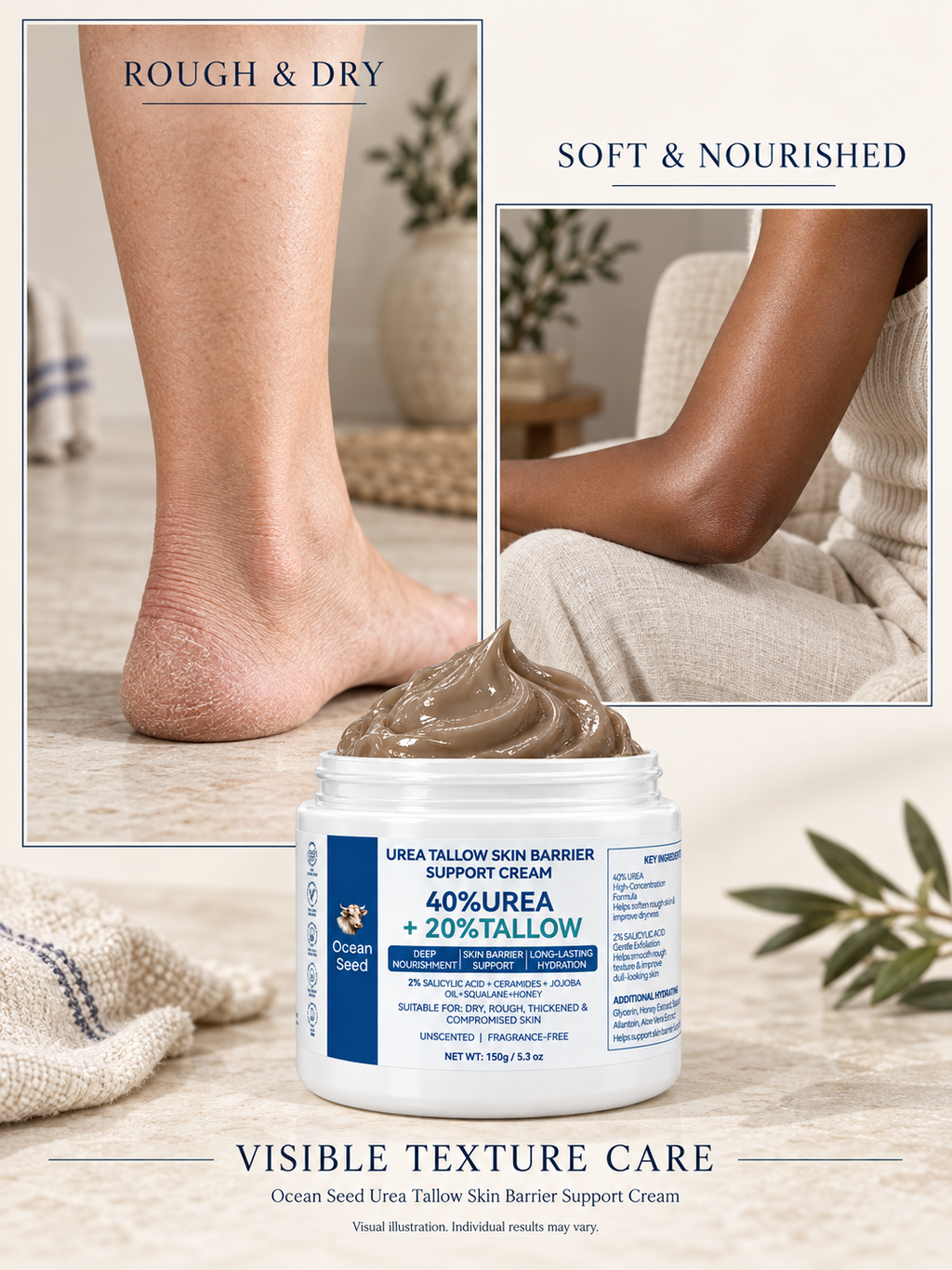 Ocean Seed 40% Urea + 20% Tallow Body Cream | Skin Barrier Repair Moisturizer for Dry Rough Skin