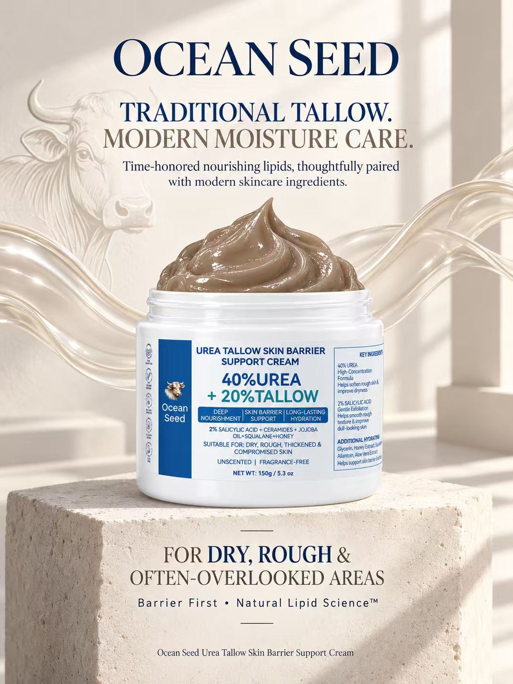 Ocean Seed 40% Urea + 20% Tallow Body Cream | Skin Barrier Repair Moisturizer for Dry Rough Skin