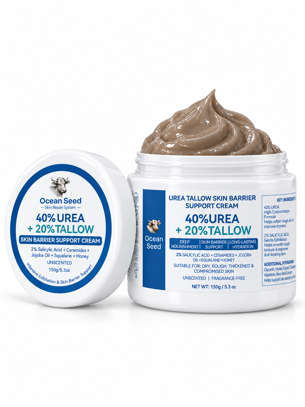 Ocean Seed 40% Urea + 20% Tallow Body Cream | Skin Barrier Repair Moisturizer for Dry Rough Skin