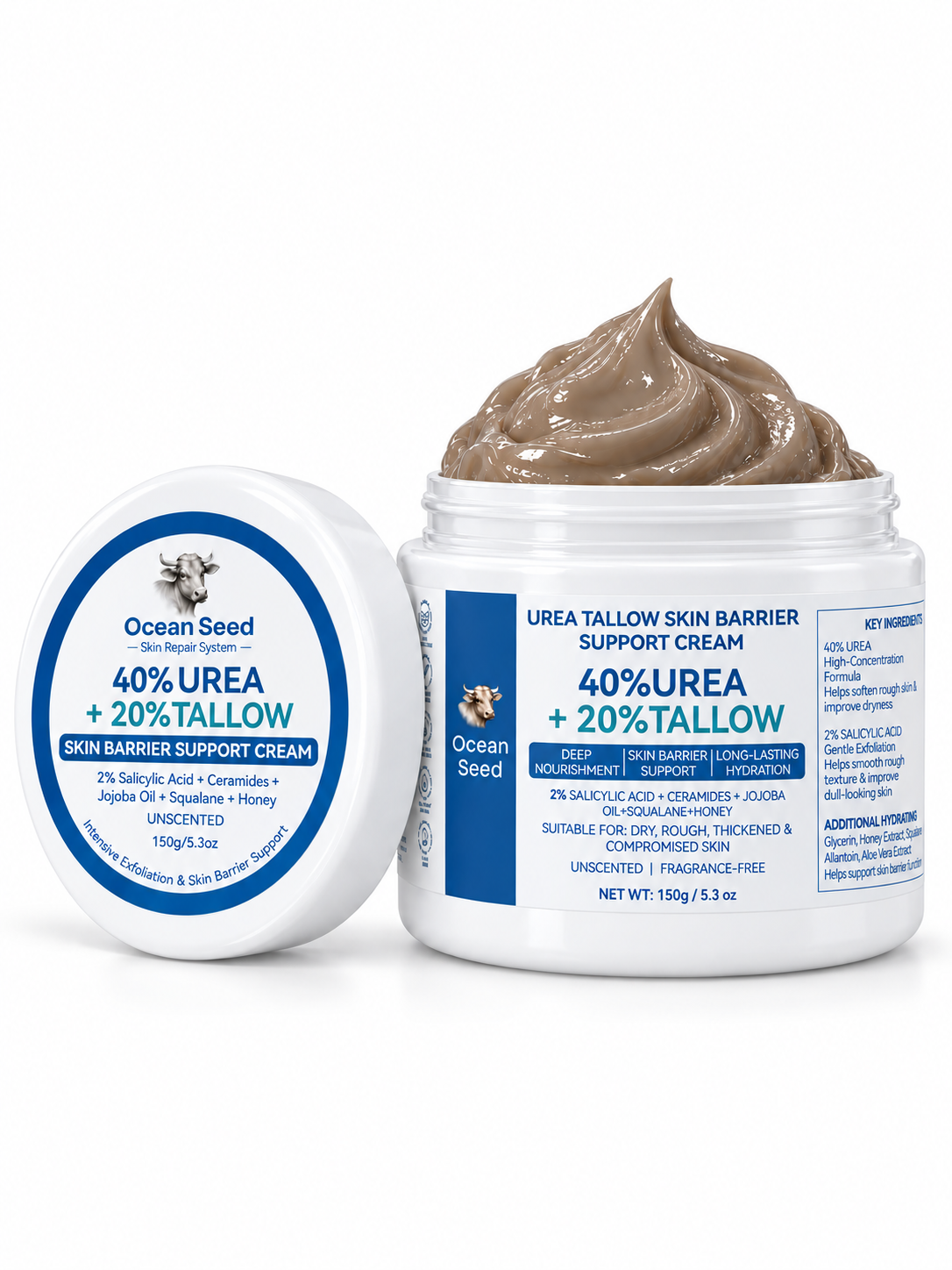 Ocean Seed 40% Urea + 20% Tallow Body Cream | Skin Barrier Repair Moisturizer for Dry Rough Skin