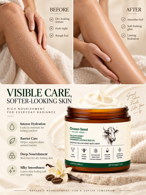 Beef Tallow Body Cream for Dry Skin, Whipped & Hydrating Body Butter with Honey, Squalane & Jojoba Oil, Nourishing Moisturizer for Men & Women, Coffee Vanilla