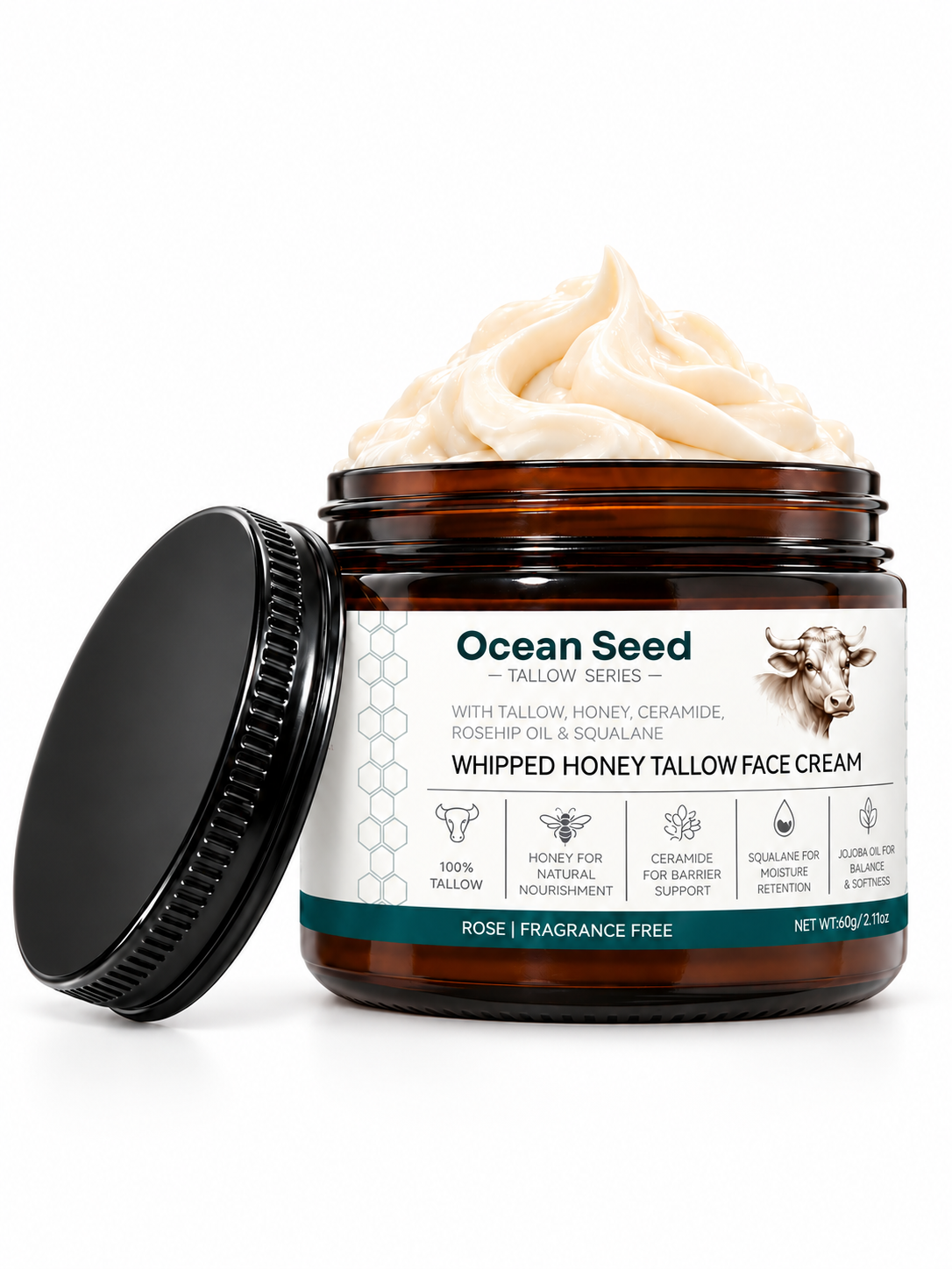 Ocean Seed Rose Infused Tallow Face Cream | Whipped Nourishment with Honey & Ceramide