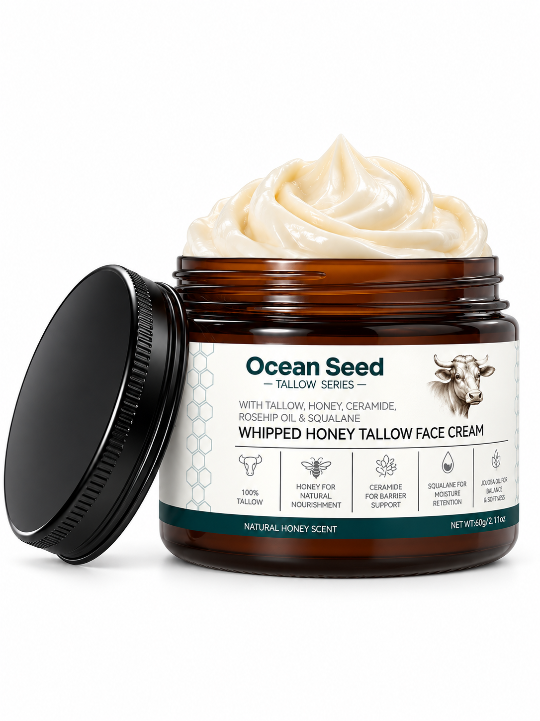 Whipped Tallow Face Cream Natural Honey Scent | Deep Hydrating Moisturizer for Dry Skin | Skin Barrier Support with Honey, Ceramide, Squalane & Jojoba Oil