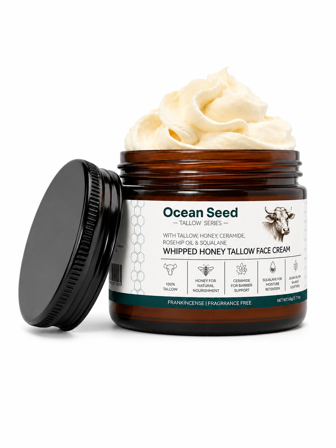 Ocean Seed Whipped Honey Tallow Face Cream – Deep Nourishing Moisturizer with Ceramide, Squalane, Rosehip Oil & Jojoba Oil
