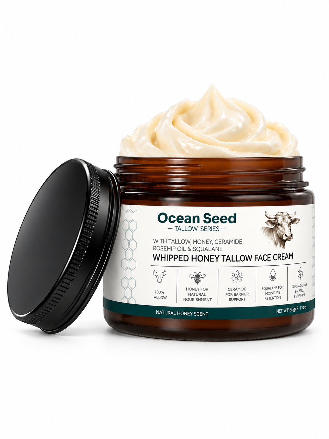 Whipped Tallow Face Cream Natural Unscented | Deep Hydrating Moisturizer for Dry Skin | Skin Barrier Support with Honey, Ceramide, Squalane & Jojoba Oil