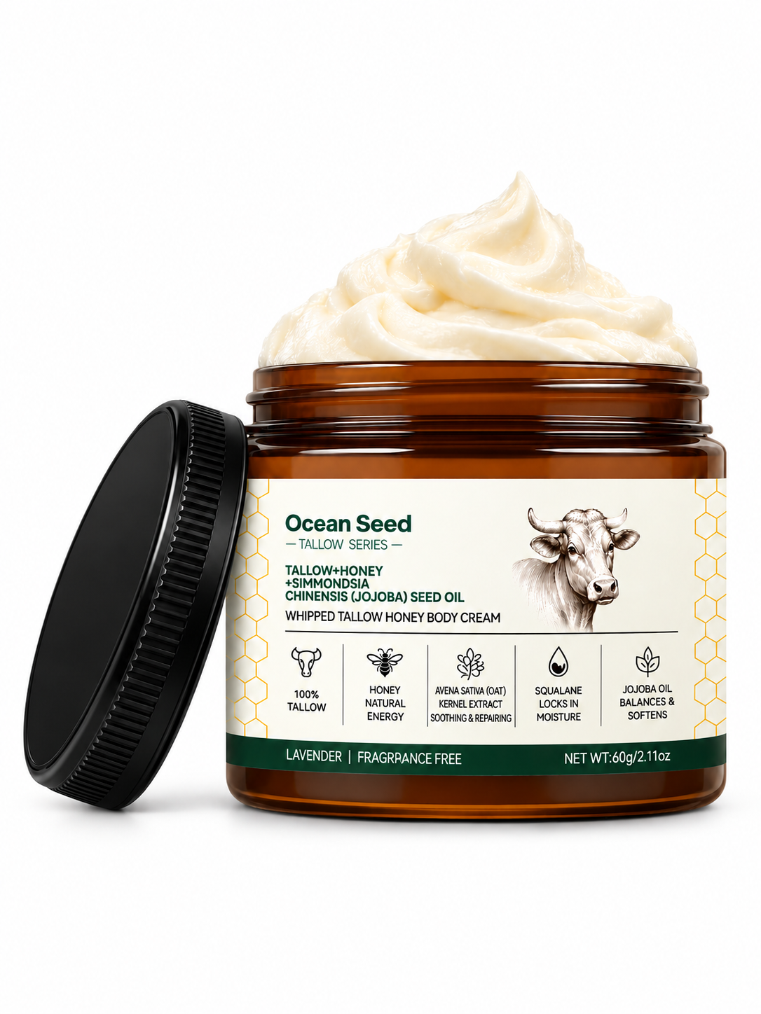 Whipped Tallow Body Cream with Honey & Jojoba Oil, Lavender Scent Moisturizing Body Butter for Dry Skin