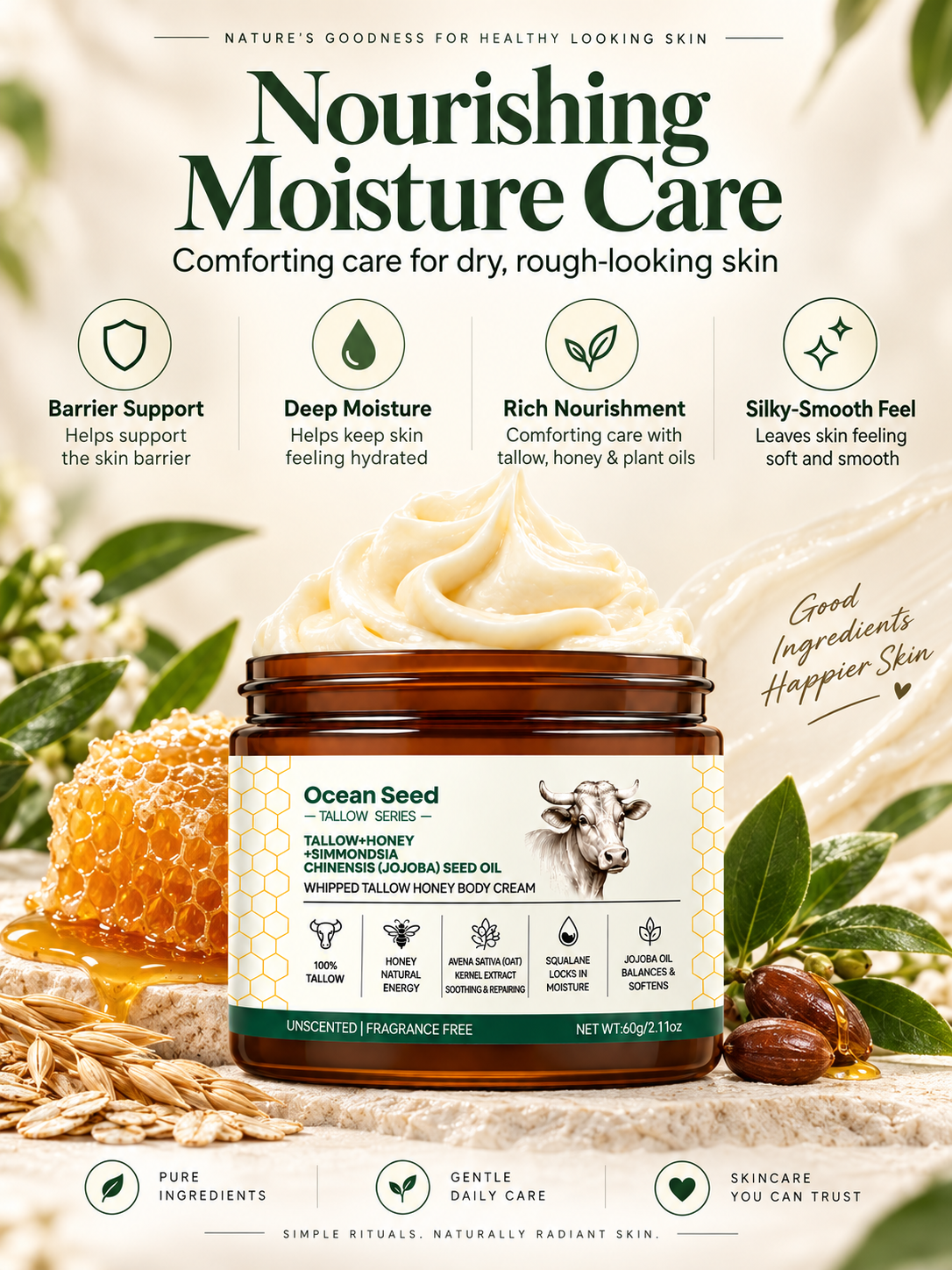 Butter with Honey, Squalane & Jojoba Oil, Nourishing Moisturizer for Men & Women, Unscented