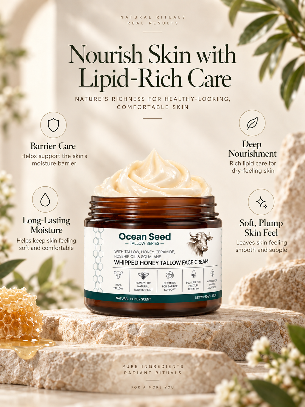 Whipped Tallow Face Cream Natural Unscented | Deep Hydrating Moisturizer for Dry Skin | Skin Barrier Support with Honey, Ceramide, Squalane & Jojoba Oil