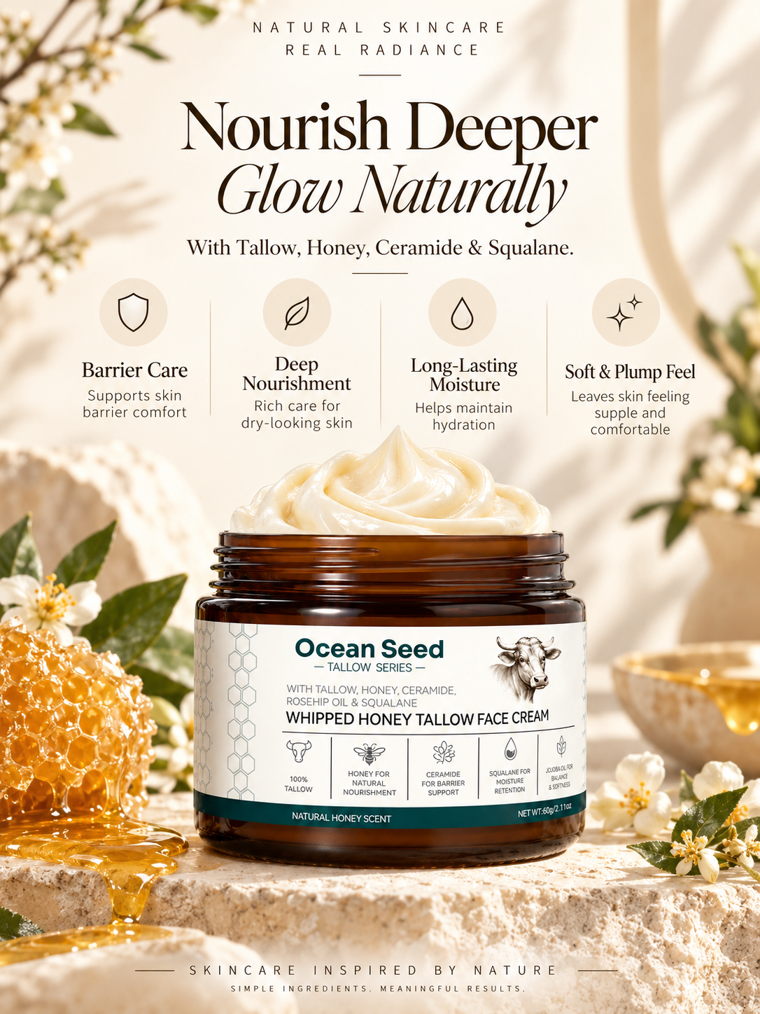 Whipped Tallow Face Cream Natural Honey Scent | Deep Hydrating Moisturizer for Dry Skin | Skin Barrier Support with Honey, Ceramide, Squalane & Jojoba Oil