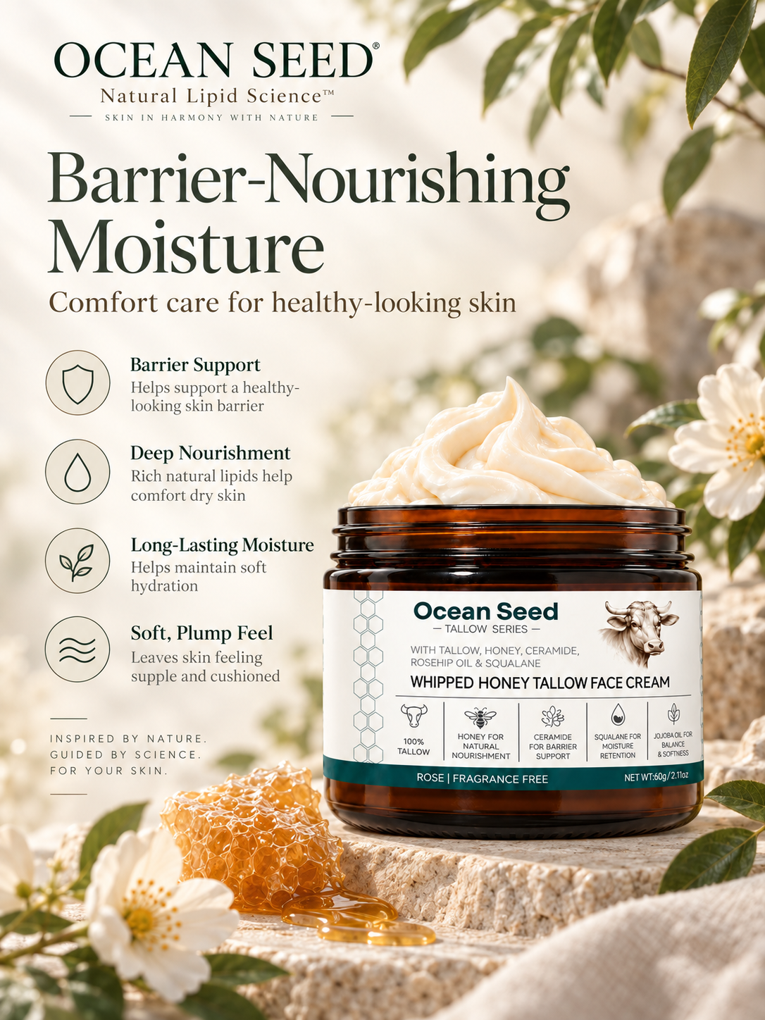 Ocean Seed Rose Infused Tallow Face Cream | Whipped Nourishment with Honey & Ceramide