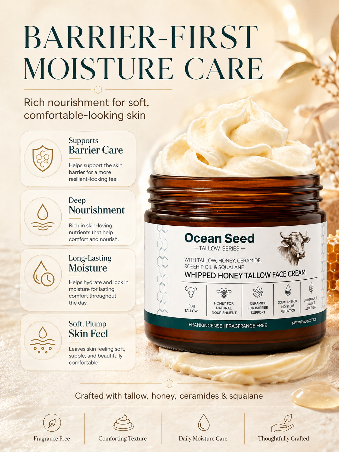 Ocean Seed Whipped Honey Tallow Face Cream – Deep Nourishing Moisturizer with Ceramide, Squalane, Rosehip Oil & Jojoba Oil