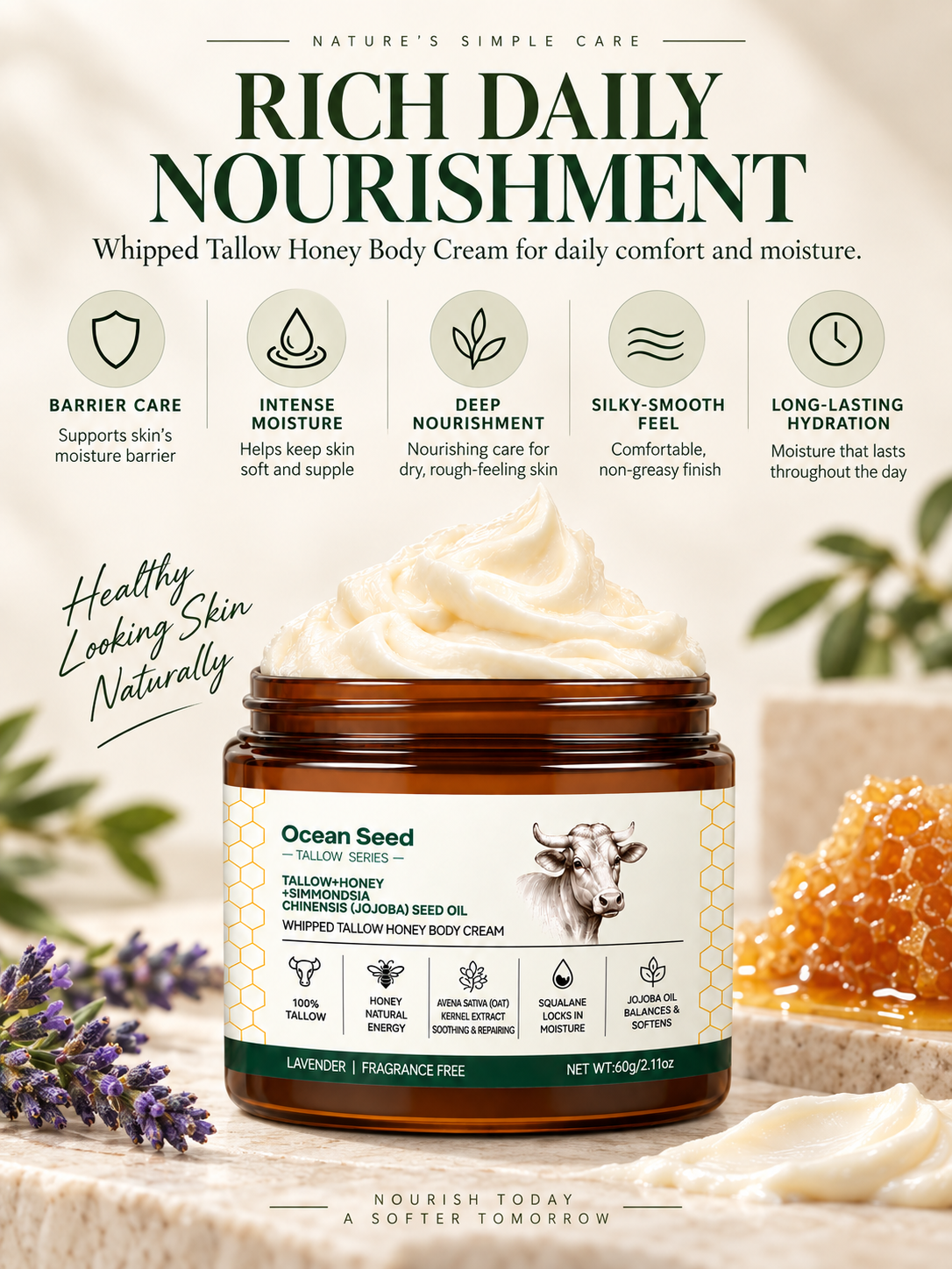 Whipped Tallow Body Cream with Honey & Jojoba Oil, Lavender Scent Moisturizing Body Butter for Dry Skin