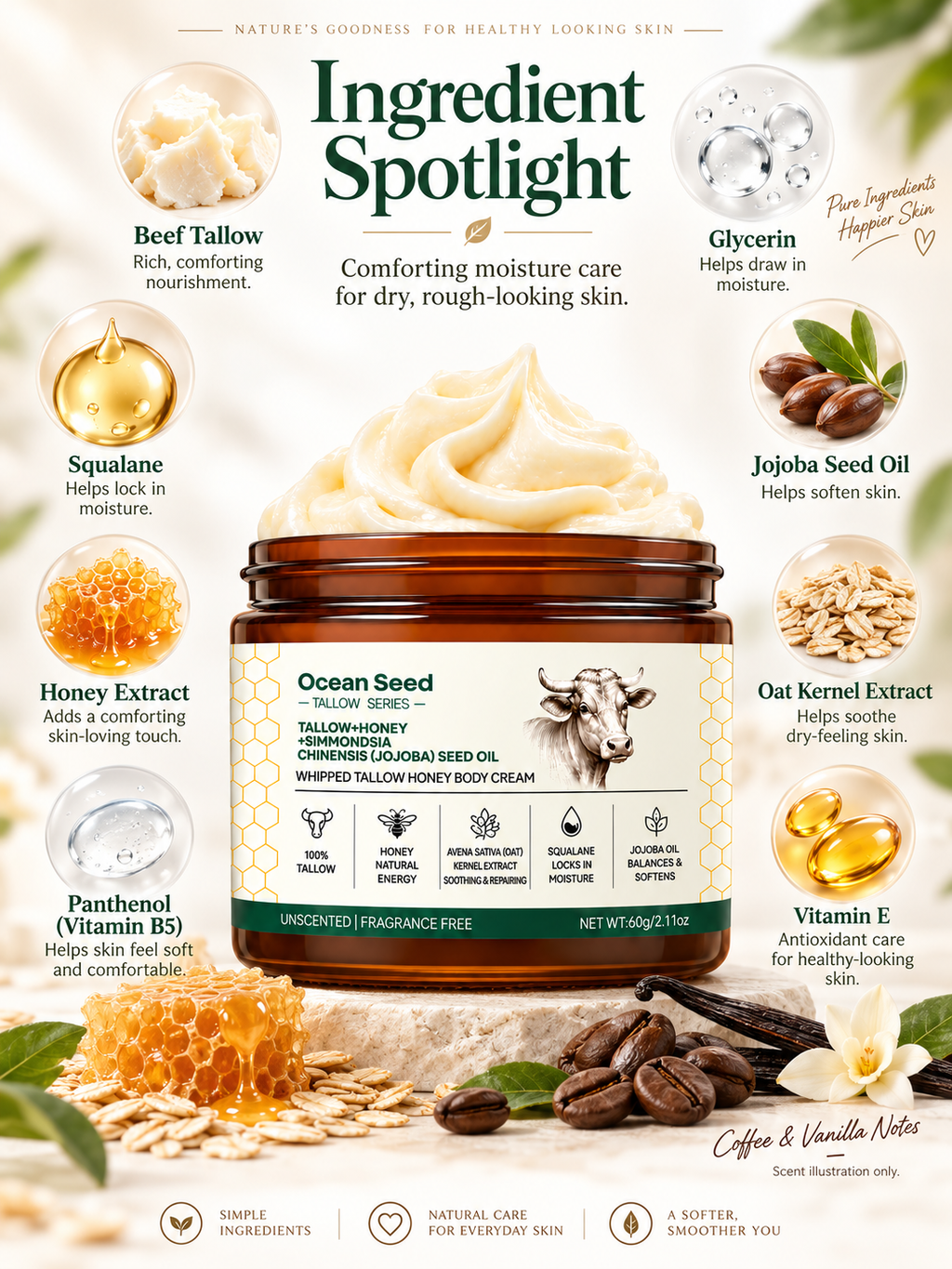 Butter with Honey, Squalane & Jojoba Oil, Nourishing Moisturizer for Men & Women, Unscented