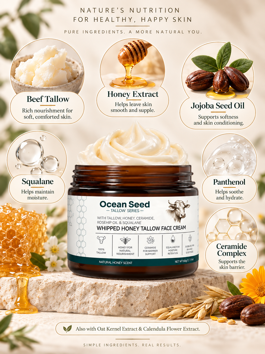 Whipped Tallow Face Cream Natural Honey Scent | Deep Hydrating Moisturizer for Dry Skin | Skin Barrier Support with Honey, Ceramide, Squalane & Jojoba Oil