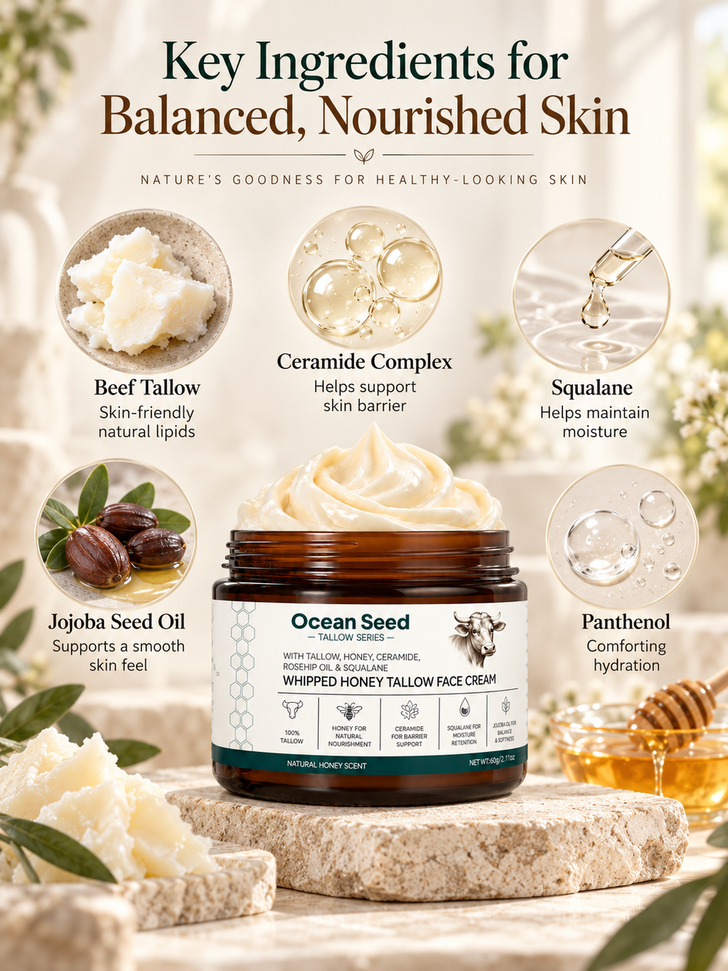 Whipped Tallow Face Cream Natural Unscented | Deep Hydrating Moisturizer for Dry Skin | Skin Barrier Support with Honey, Ceramide, Squalane & Jojoba Oil