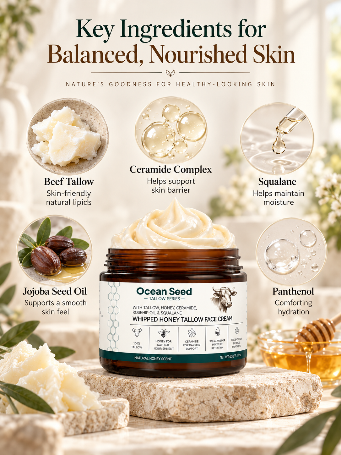 Whipped Tallow Face Cream Natural Unscented | Deep Hydrating Moisturizer for Dry Skin | Skin Barrier Support with Honey, Ceramide, Squalane & Jojoba Oil