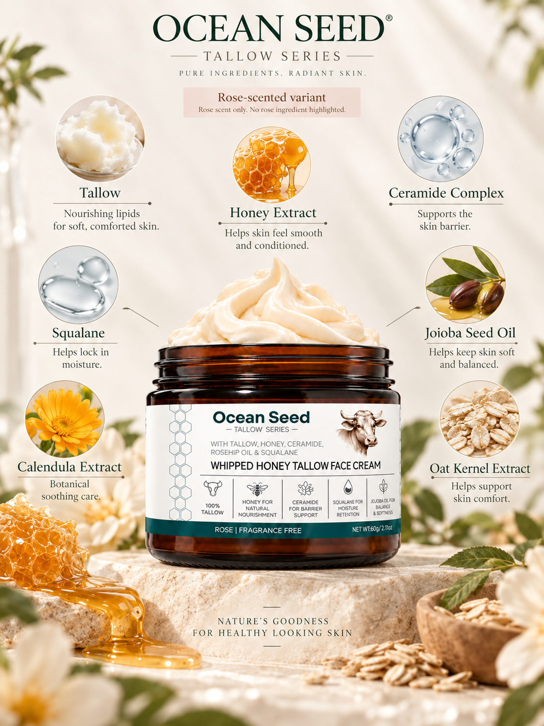 Ocean Seed Rose Infused Tallow Face Cream | Whipped Nourishment with Honey & Ceramide