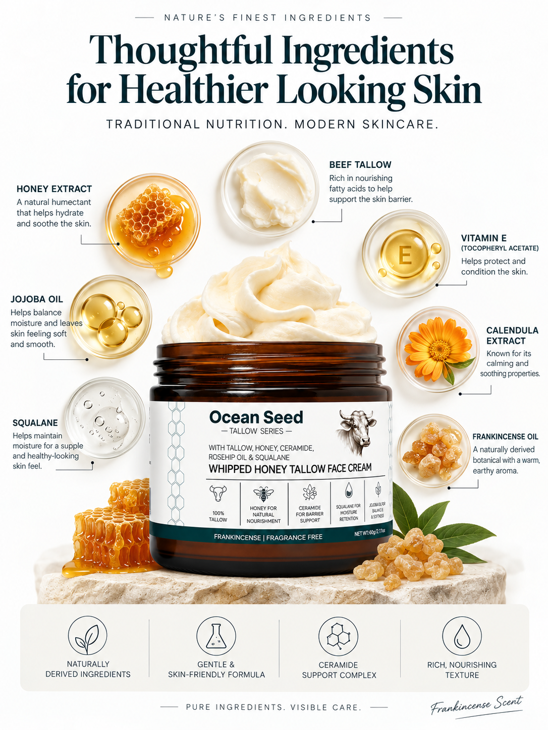 Ocean Seed Whipped Honey Tallow Face Cream – Deep Nourishing Moisturizer with Ceramide, Squalane, Rosehip Oil & Jojoba Oil