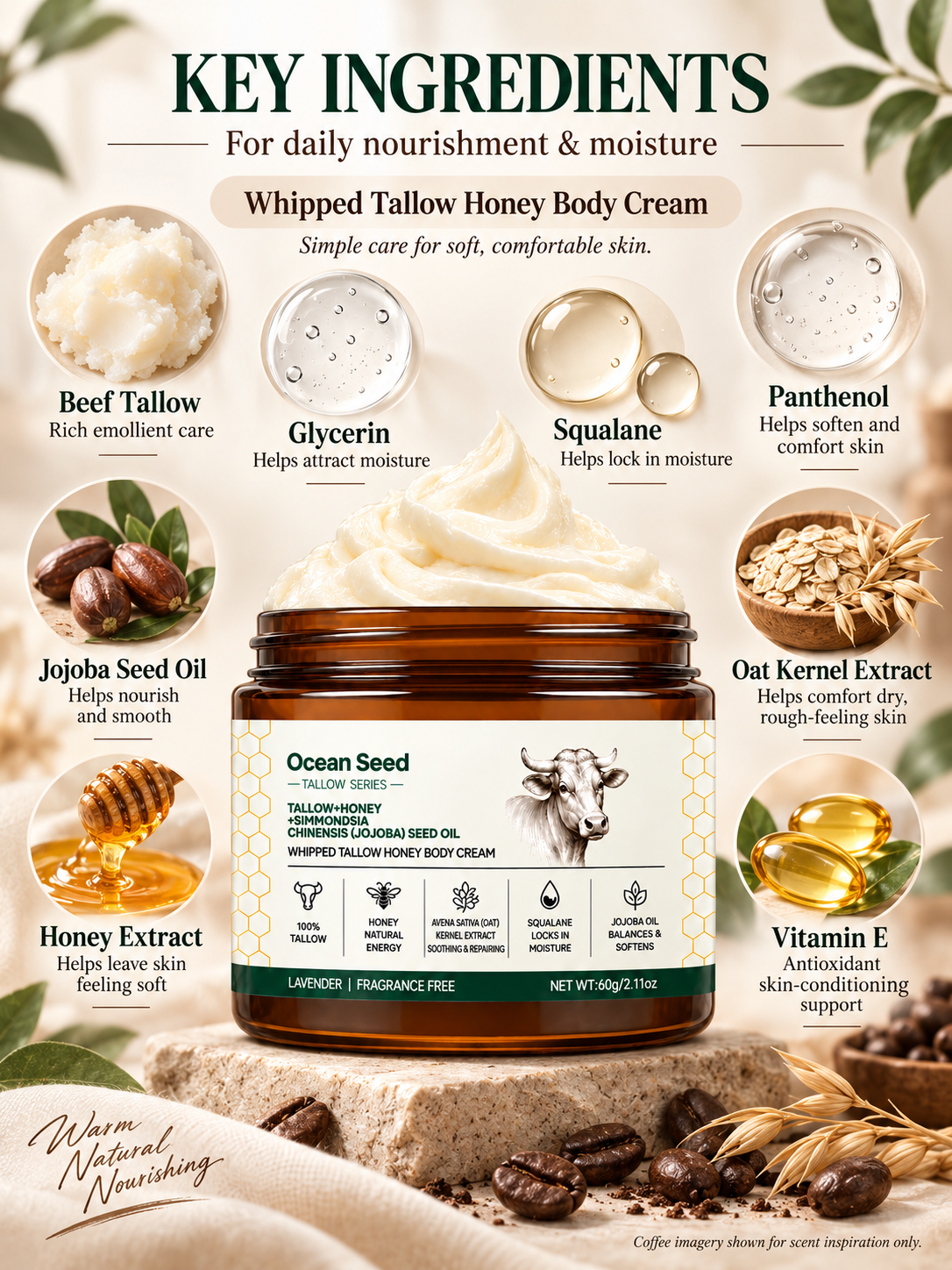 Whipped Tallow Body Cream with Honey & Jojoba Oil, Lavender Scent Moisturizing Body Butter for Dry Skin