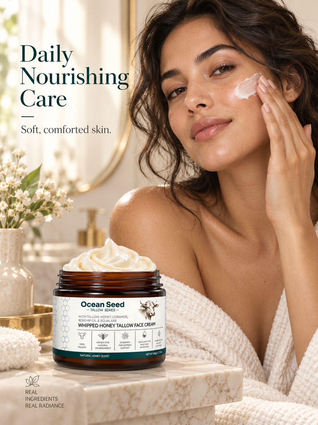 Whipped Tallow Face Cream Natural Honey Scent | Deep Hydrating Moisturizer for Dry Skin | Skin Barrier Support with Honey, Ceramide, Squalane & Jojoba Oil