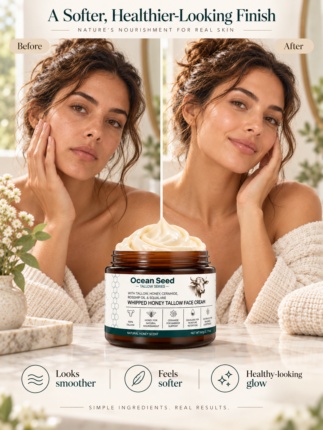 Whipped Tallow Face Cream Natural Unscented | Deep Hydrating Moisturizer for Dry Skin | Skin Barrier Support with Honey, Ceramide, Squalane & Jojoba Oil