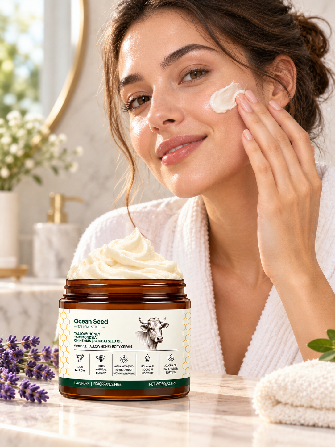 Whipped Tallow Body Cream with Honey & Jojoba Oil, Lavender Scent Moisturizing Body Butter for Dry Skin