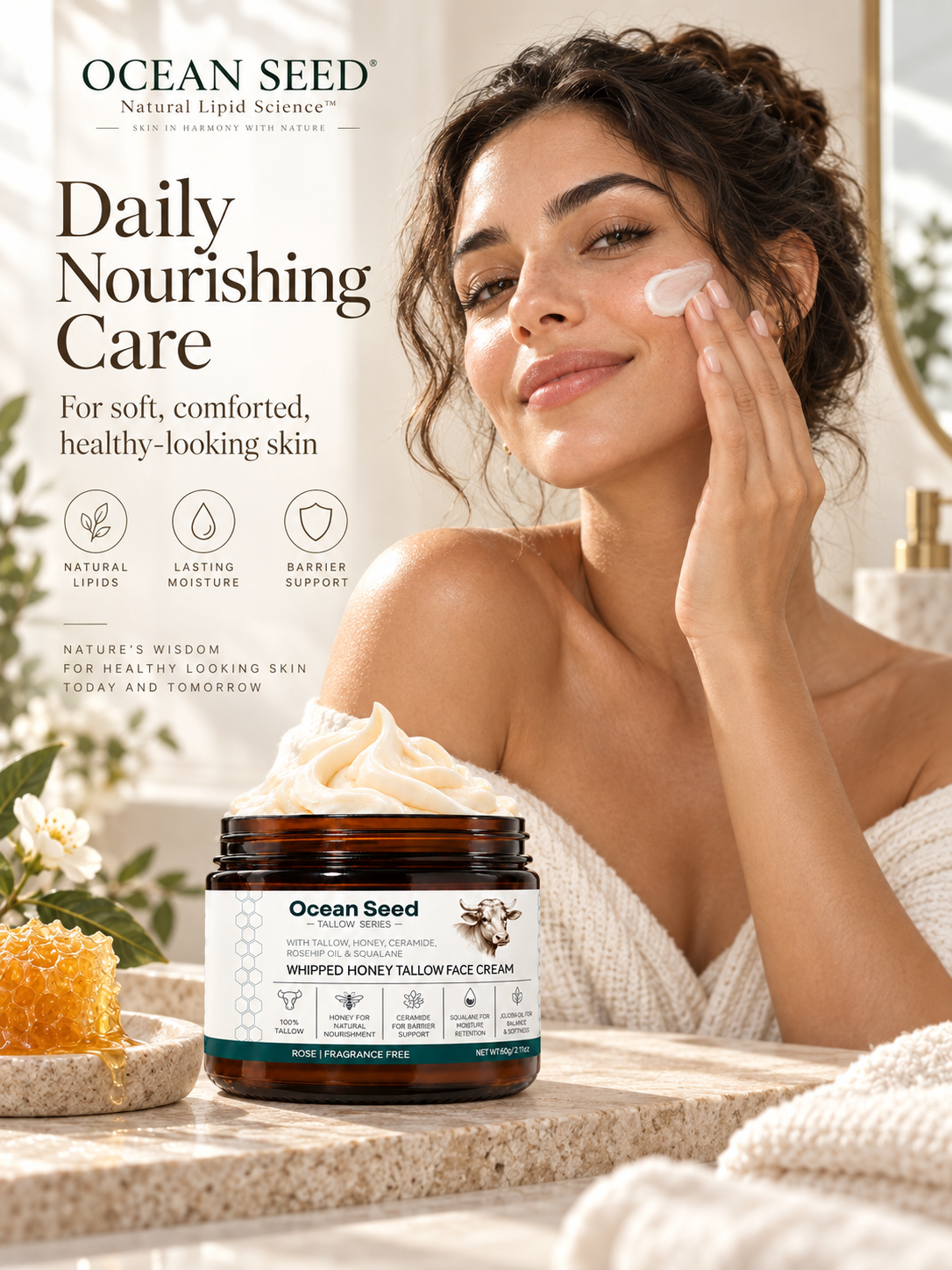 Ocean Seed Rose Infused Tallow Face Cream | Whipped Nourishment with Honey & Ceramide